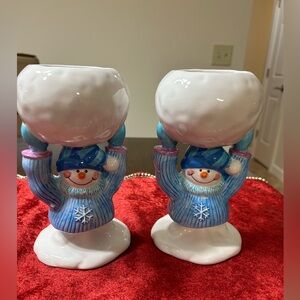 Blue Snowman Ceramic Votive Holders - Pair